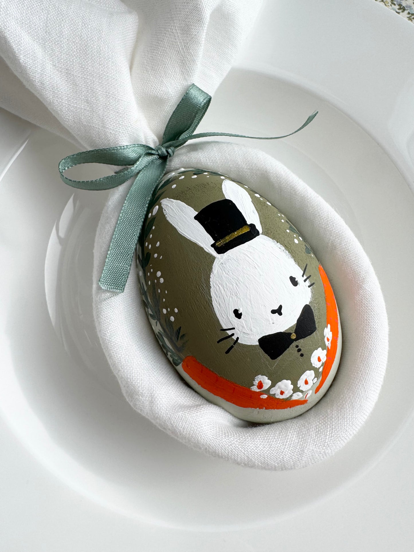 Hand-Painted Personalised Wooden Easter Egg (Bunny with Hat) - MADE TO ORDER